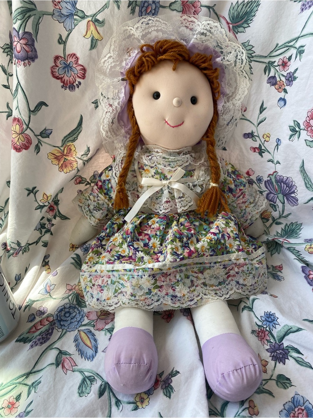 Vintage Handmade Rag Doll with Floral Dress and Lace Bonnet